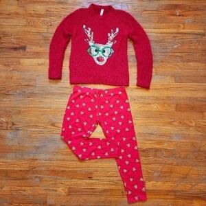 No Bounderies Nobo Red Fuzzy Christmas Sweater Matching Leggings Reindeer EUC
